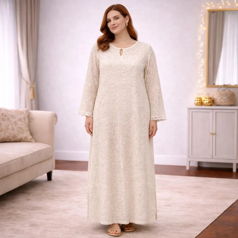 Artemea Ivory Chikankari Style Jalabiya with Mirror Work | Premium Rayon | Festive Elegant Full-Length Dress with inner lining